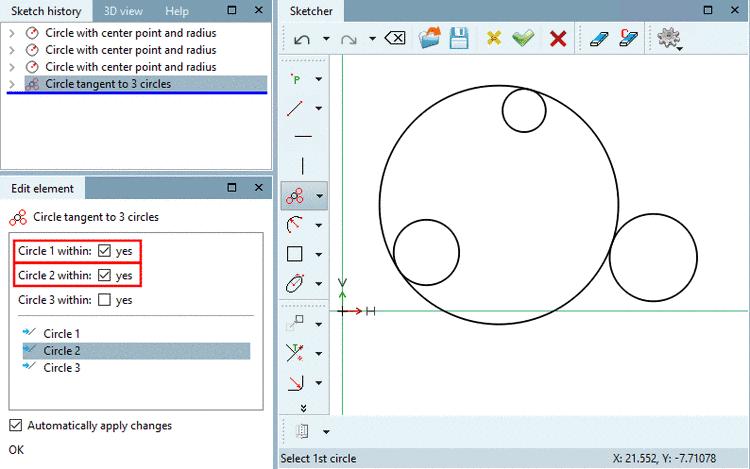 Example: Circle 1 and 2 inside the tangent circle