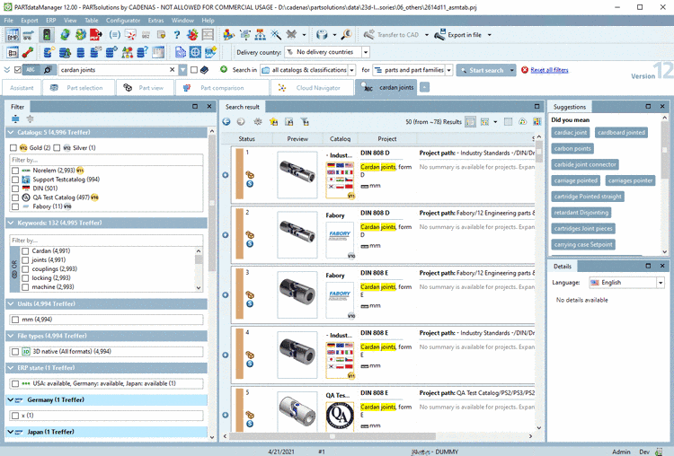 PARTdataManager with tabbed page for "Search results"