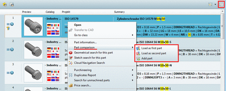 Open part comparison in "Details" view via context menu