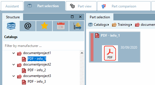 Document project in the parts selection [Part selection]