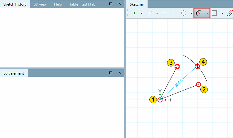 Arc over center point, 2 limiting points and radius [Arc (center, 2 limit points, radius)]: Draw an arc