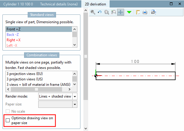 Optimize drawing view on sheet [Optimize drawing view on paper size] (shortened view [Shortened view] ) switched off