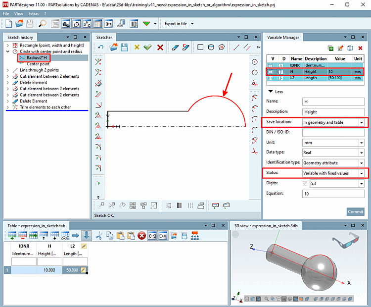 Variables saved with storage location [Save location] "In geometry and table [In geometry and table] "