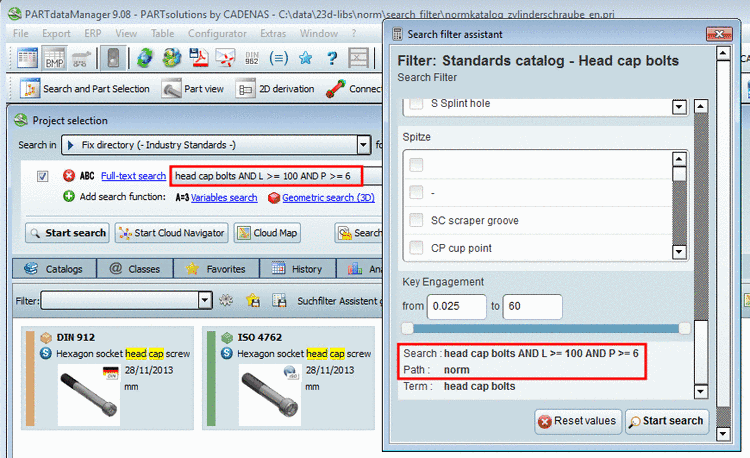 The sample search leads to two result parts.