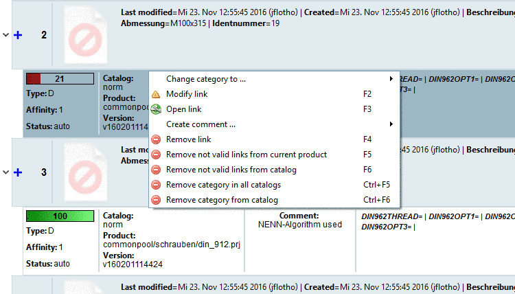 Tabbed page "LinkDB index": In this example, the project "blockzylinder.prj" has 2 ERP numbers. The display of 50% says that only one of the two is indexed.