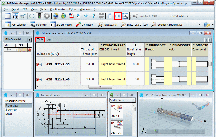 Table view of parameters
