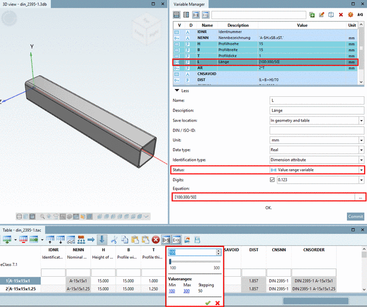 Example: Range from 100 to 300 with a Stepping of 50