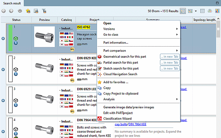 Example: Context menu commands in the result list