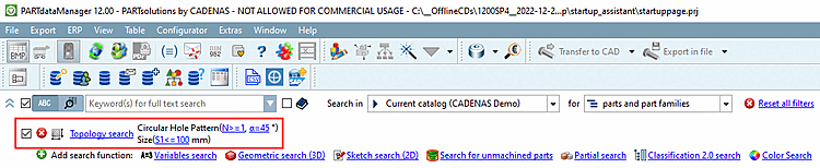 Selected search method: circular pattern with angle 45° (= 8 holes) and component size <=100 mm