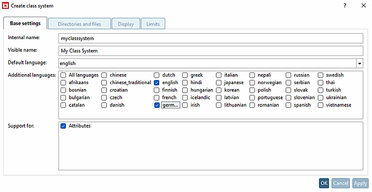 Create class system " dialog box