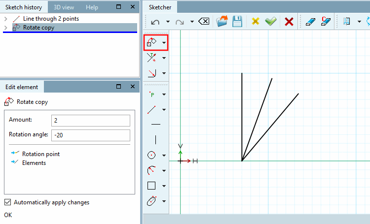 In this example the angle of rotation has been adjusted to "-20" and the number of copies to 2 (default is 1).