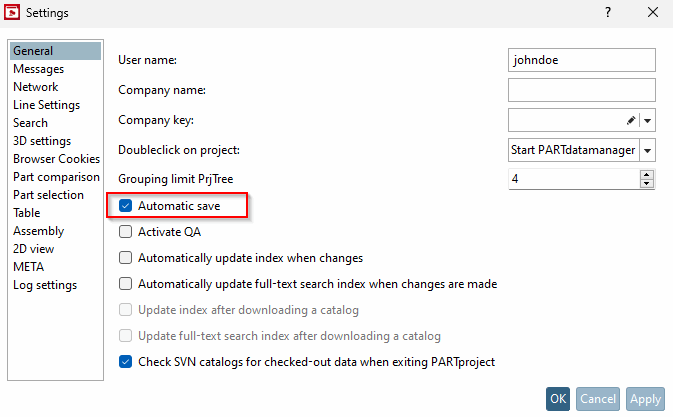 "Settings" [Settings] dialog box Menu item General → "Save automatically [Automatic save]" option