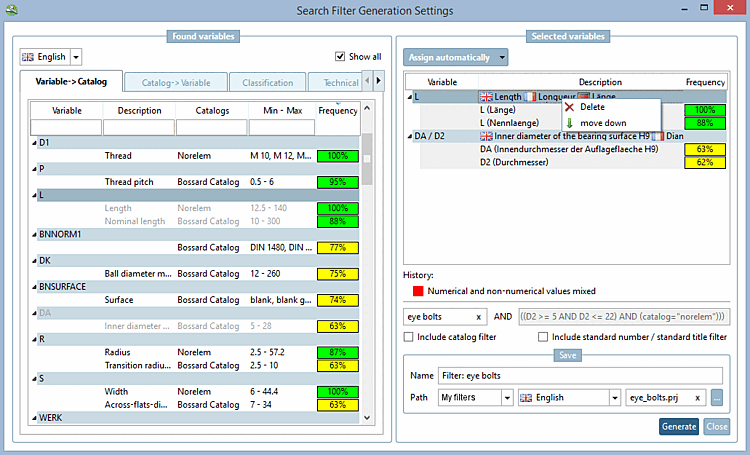In this example, the "Variable -> Catalog " tab page has been selected on the left.