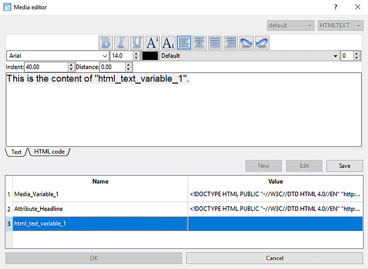Media variable of type "HTMLTEXT "