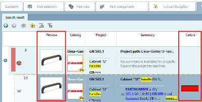Display of the color distribution in the open parts family in the "Colors [Colors] " column. Here, for example, 100% red.