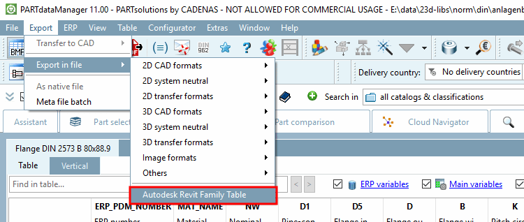 Example: Export in PARTsolutions