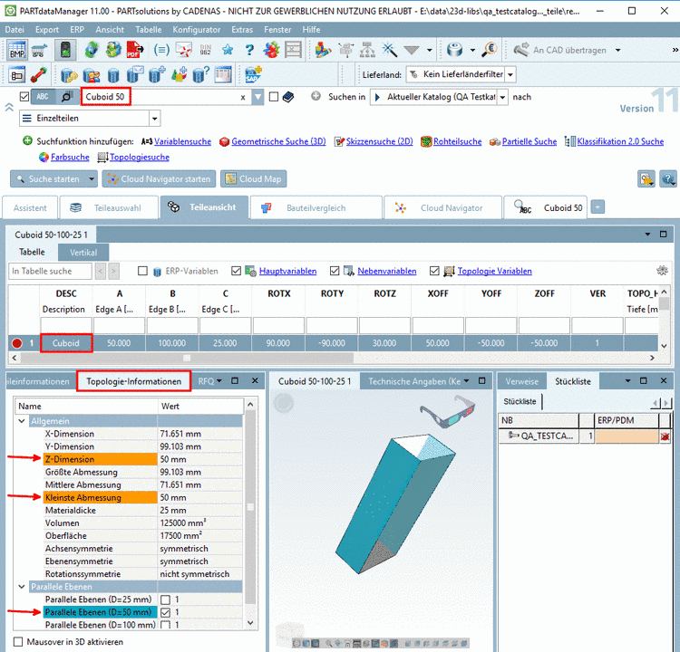 Teileansicht mit Dockingfenster Topologie-Informationen