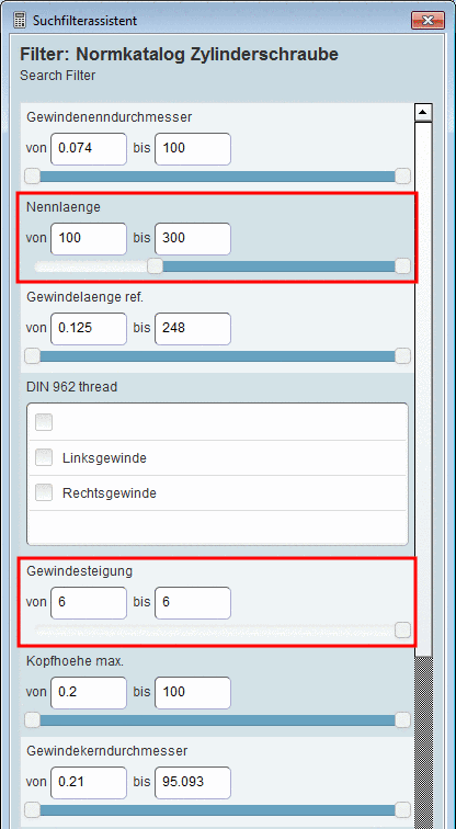 Die Abb. zeigt die obere Hälfte des Suchfilterassistenten. Hier im Beispiel werden nur Einstellungen für Nennlänge und Gewindesteigung vorgenommen.