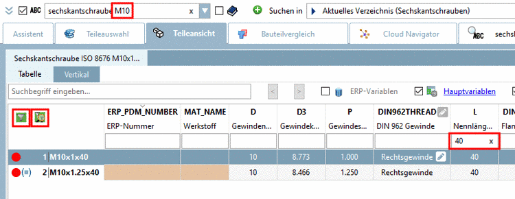 Die Tabelle zeigt nur noch Teile mit Gewindedurchmesser 10 und Nennlänge 40.