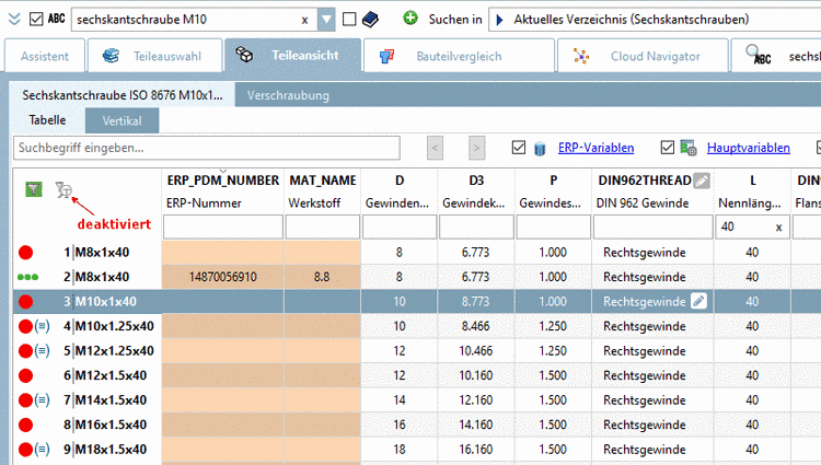 Die Tabelle zeigt alle Zeilen Nennlänge 40.