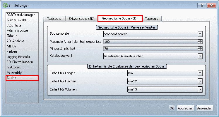 Einheiten für die Ergebnisse der geometrischen Suche