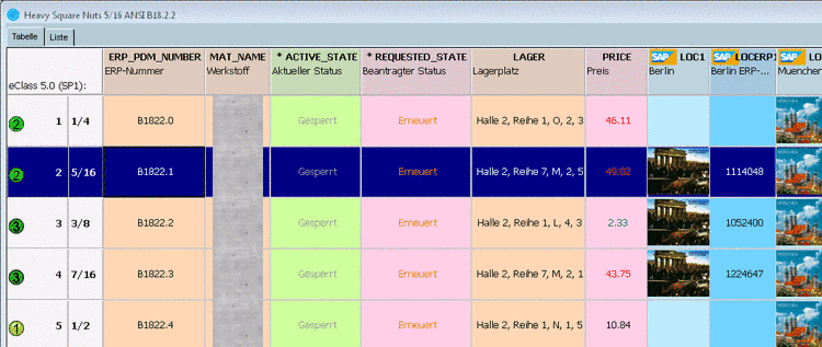 Teileauswahl mit Tabellenansicht