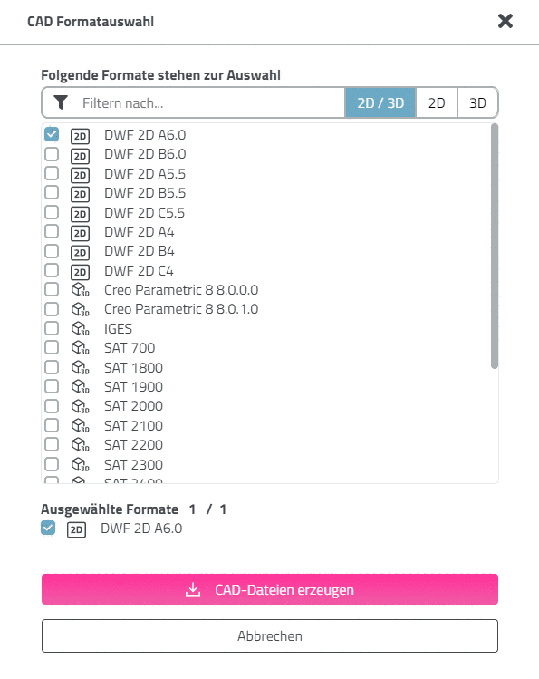 CAD Formatauswahl