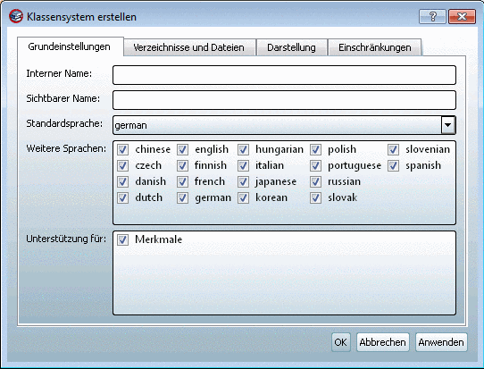 Auswahl im Listenfeld: <Neues Klassensystem erstellen...>