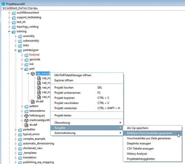 Projektauswahl -> Kontextmenü auf Verzeichnis- oder Projektebene -> Ausgabe -> Bilddaten/Vorschaubilder generieren