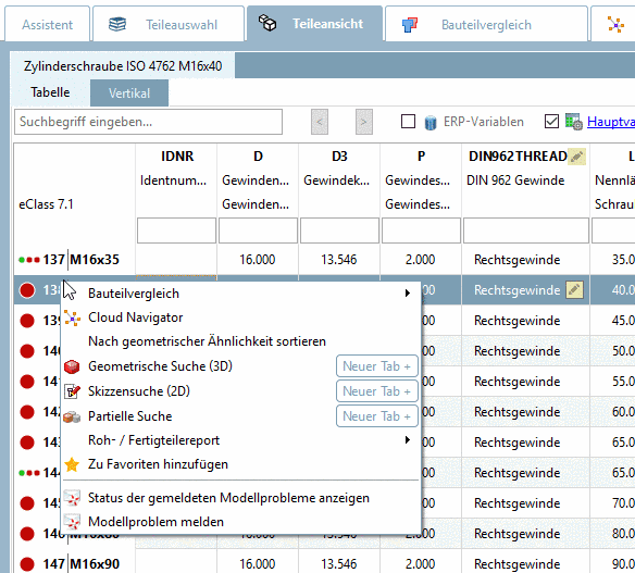 Teileansicht, Registerseite "Tabelle"