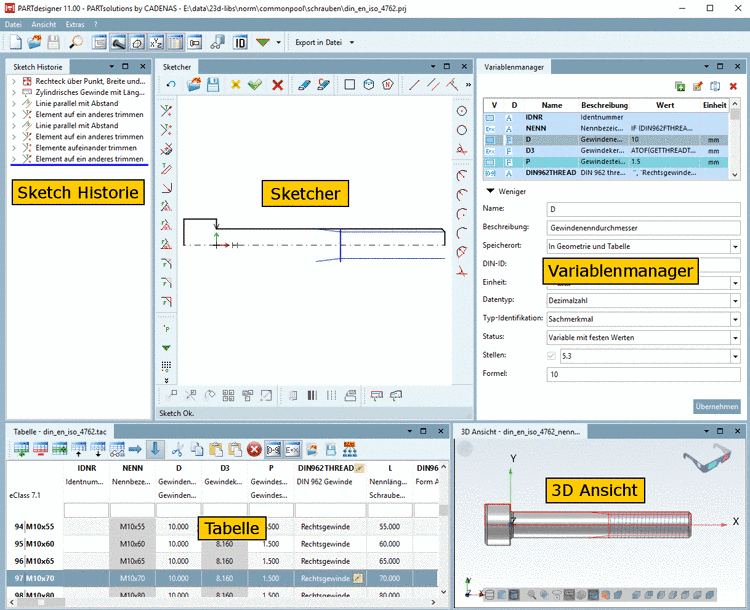 PARTdesigner mit Sketch Historie, Sketcher, Variablenmanager, Tabelle und 3D Ansicht