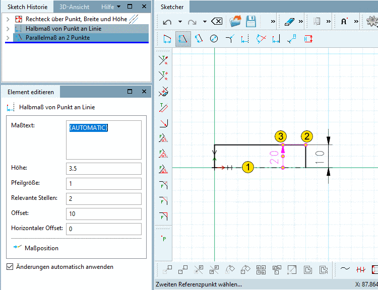 Die Zeichnung zeigt zur Verdeutlichung einmal das Maß zwischen Rotationsachse und zu bemaßender Linie (rechts [Standard Vertikalmaß]) und einmal das Halbmaß (links [doppelter Wert]).