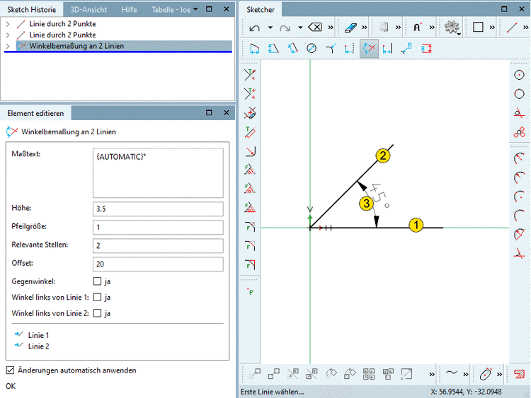 Winkelbemaßung an 2 Linien