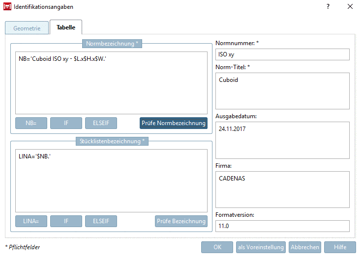 Dialogfenster "Identifikationsangaben" - Registerseite "Tabelle"