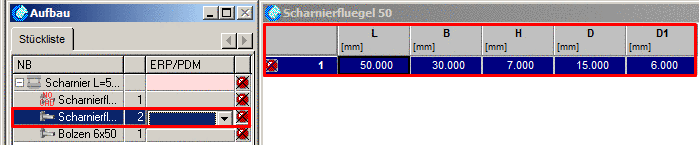Einzelteil im Dialogfenster Aufbau ausgewählt