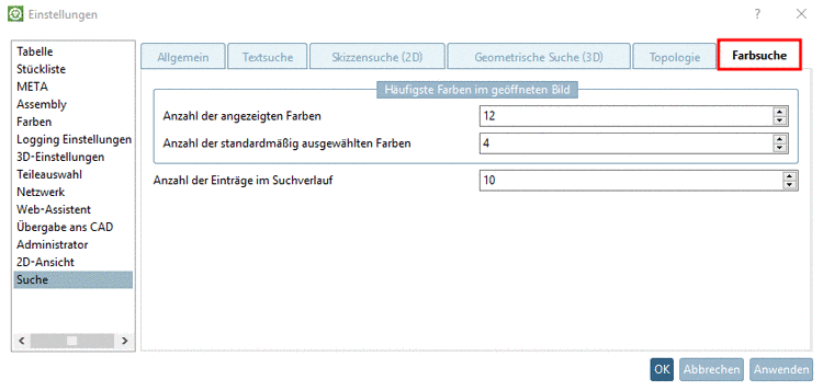 Einstellungen Dialogseite -> Registerseite "Farbsuche"