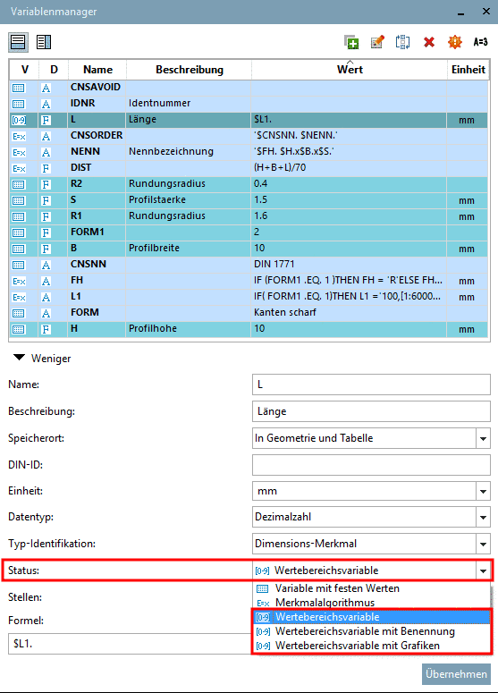 PARTdesigner - Variablenmanager: Auswahloptionen unter "Status"