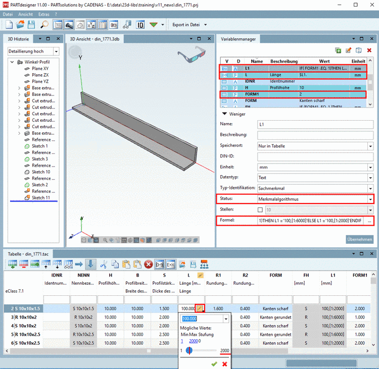 Die Abb. zeigt im Variablenmanager die selektierte Variable "L1" mit Status "Merkmalalgorithmus".Die Abb. zeigt DIN 1771