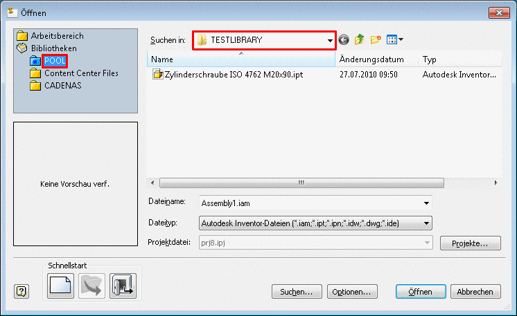 Bibliothek "POOL" wird zur Auswahl angezeigt