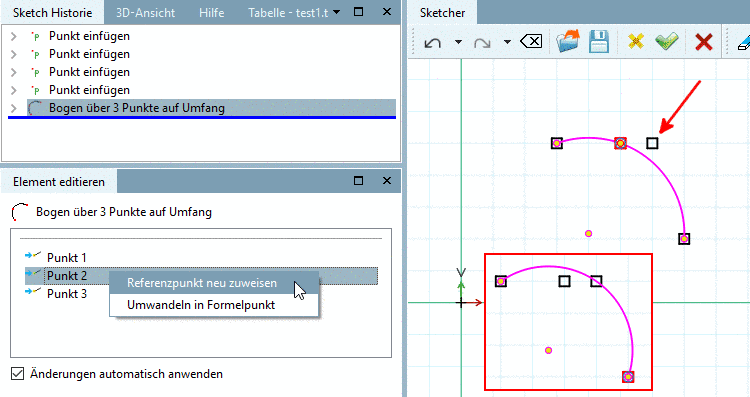 Bogen über 3 Punkte auf Umfang -> Referenzpunkt neu zuweisen