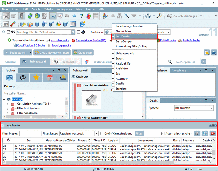 Beispiel PARTdataManager: Log-FensterLog-Fenster