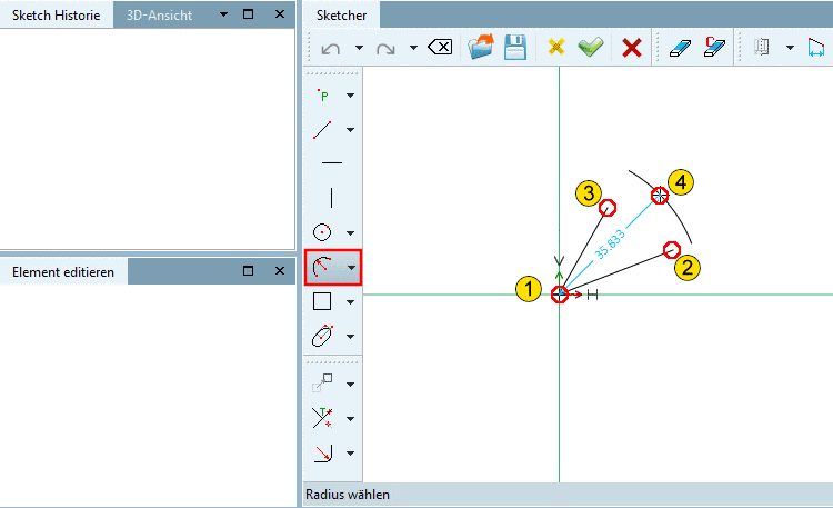 Bogen über Mittelpunkt, 2 begrenzende Punkte und Radius: Bogen aufspannen