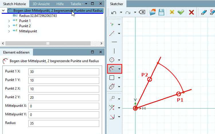 Bogen über Mittelpunkt, 2 begrenzende Punkte und Radius: Parameter angepasst