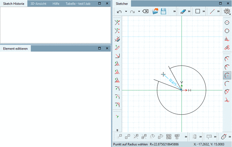 Bogen über Mittelpunkt, Punkt auf Umfang und 2 begrenzende Punkte: Bogen aufspannen