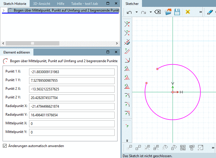 Bogen über Mittelpunkt, Punkt auf Umfang und 2 begrenzende Punkte: Ergebnis