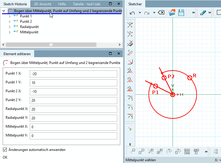 Bogen über Mittelpunkt, Punkt auf Umfang und 2 begrenzende Punkte: Parameter angepasst