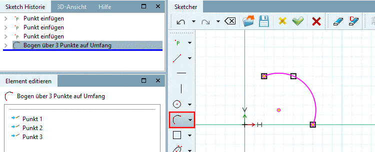 Bogen über 3 Punkte auf Umfang: Parameter anpassen