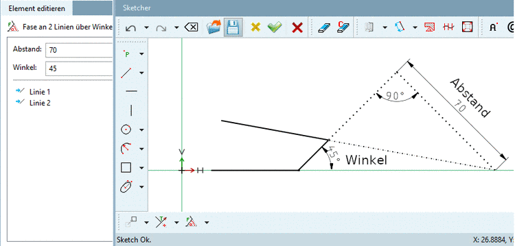 Fase an 2 Linien über Winkel und Abstand zu Schnittpunkt