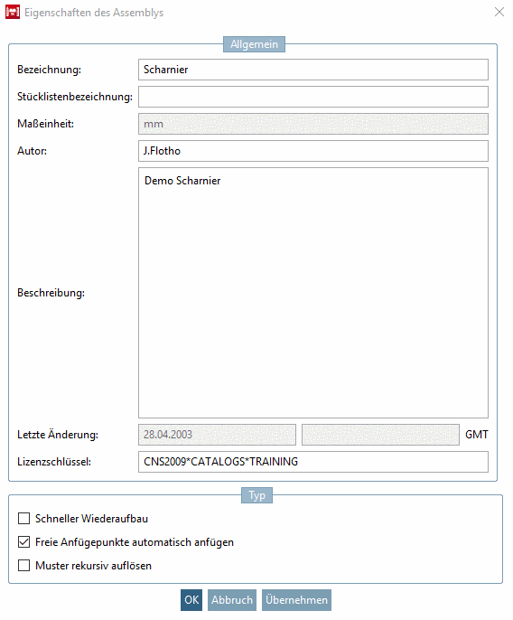 Dialogfenster Eigenschaften des Assemblys