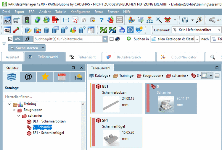 Scharnier in PARTdataManager Teileauswahl
